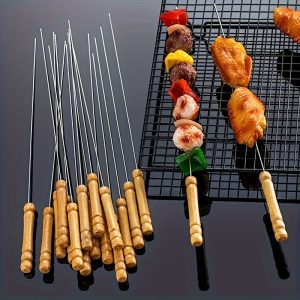 50 One, Stainless Steel Kebabs, with Wooden Handle, Metal BBQ Stick, Used for Cotton Candy, Meat, Hot Dog, Very Suitable for Barbecue, Camping Cookware