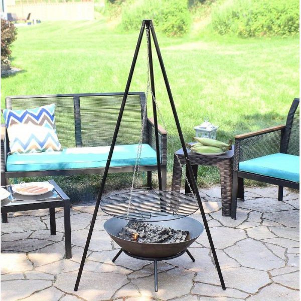 Sunnydaze Outdoor Fire Pit Tripod Cooking Grill System - Black Steel Grate and Legs - 22-Inch