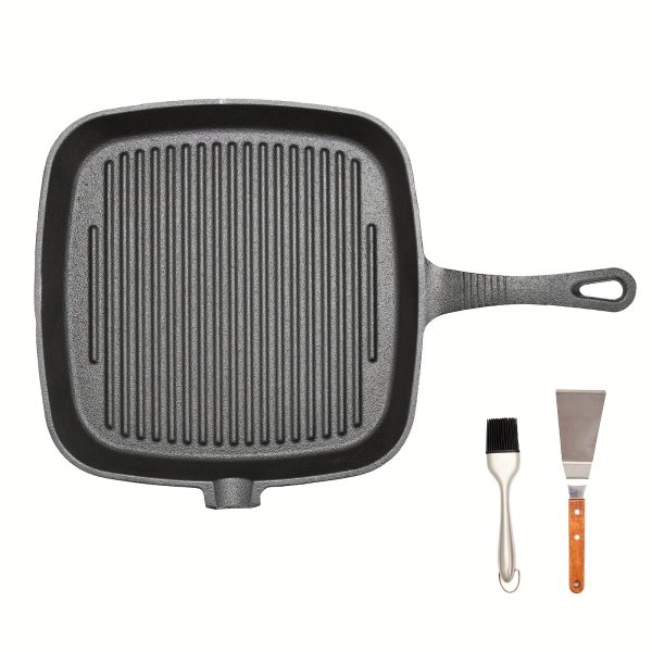 Cast Iron Grill Pan, Square Nonstick Grill Pan With Spatula And Brush, 9Inch Barbecue Pan For Grill, Stove, Oven And Campfire