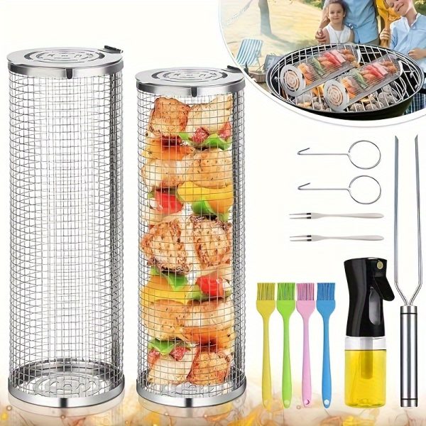 Grill Basket 2 PCS, BBQ Grill Basket, Rolling Grilling Basket, Stainless Steel Grill Mesh Barbeque Grill Accessories, Portable Grill Baskets For Outdoor Grill For Fish, Shrimp, Meat, Vegetables, Fries